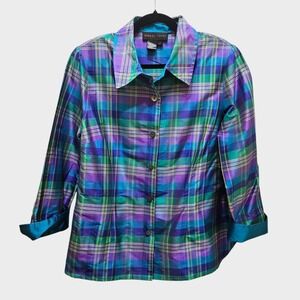 Nina McLemore Cara Shirt 100% Silk Dupioni Plaid Purple Teal Green Womens 12